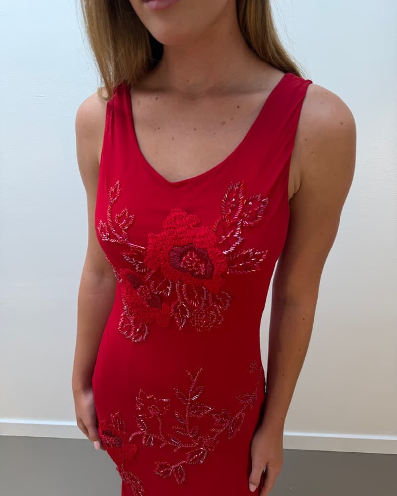Red Floral Embroidered Silk Gown  - Image 3