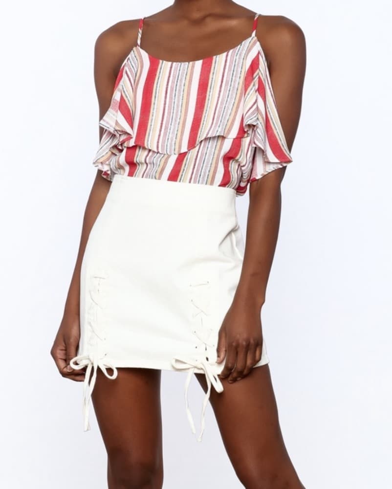 White Denim High Waisted Lace Up Mini Skirt - Image 1
