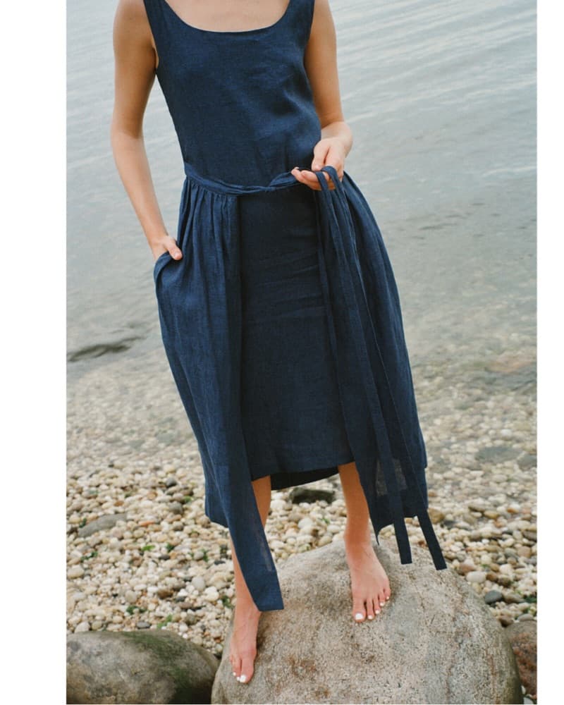 Navy Blue Linen Midi Dress Coco Shop - Image 2