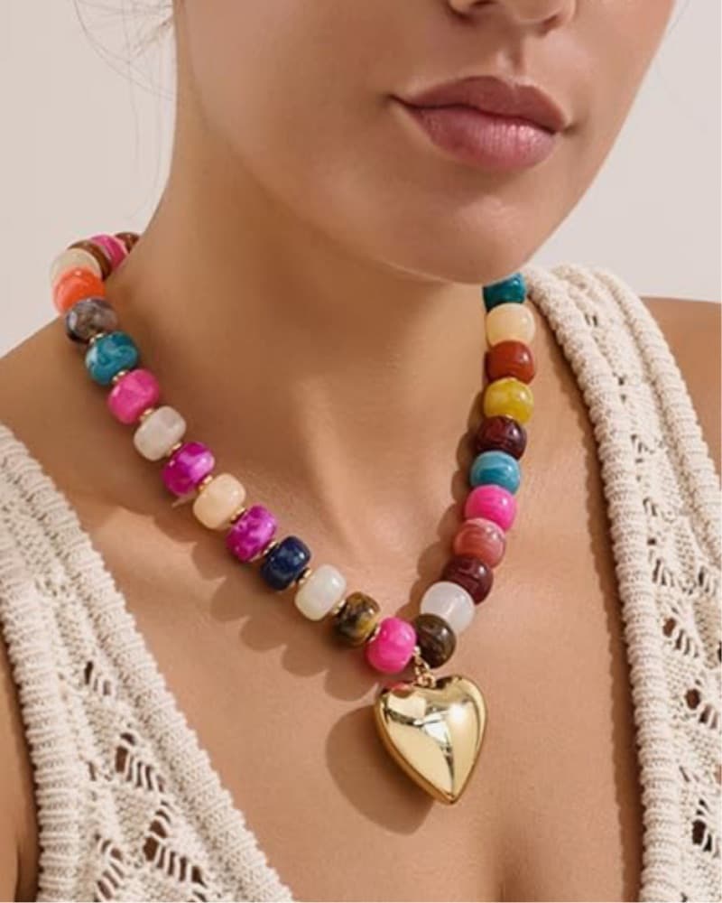 Colorful Beaded Gold Heart Necklace - Image 2