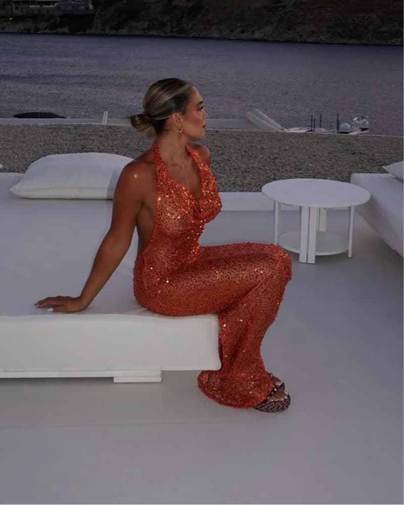 Orange Sequin Halter Gown - Image 4