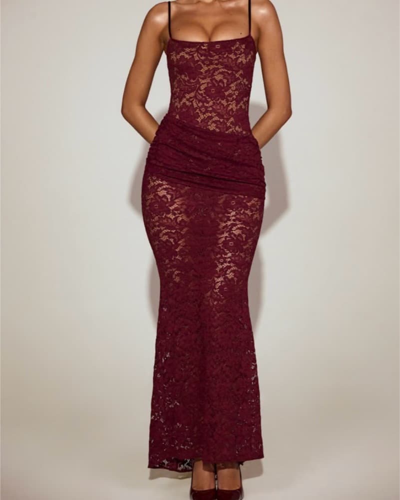 Wine Red Lace Sheer Dress  - Image 1