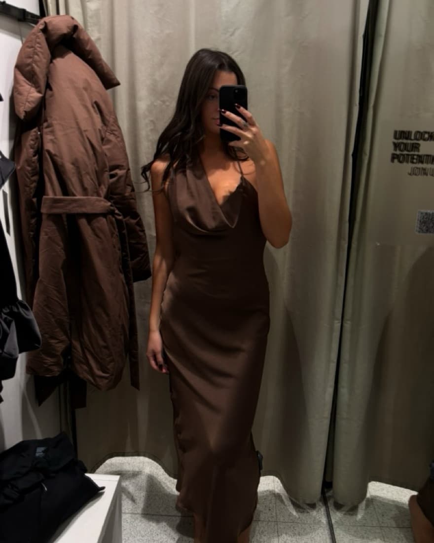 Brown Cowl Neck Satin Gown - Image 3