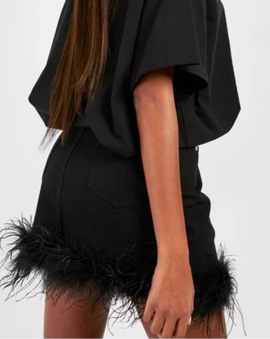 Black Denim Feather Trim Skirt  - Image 5