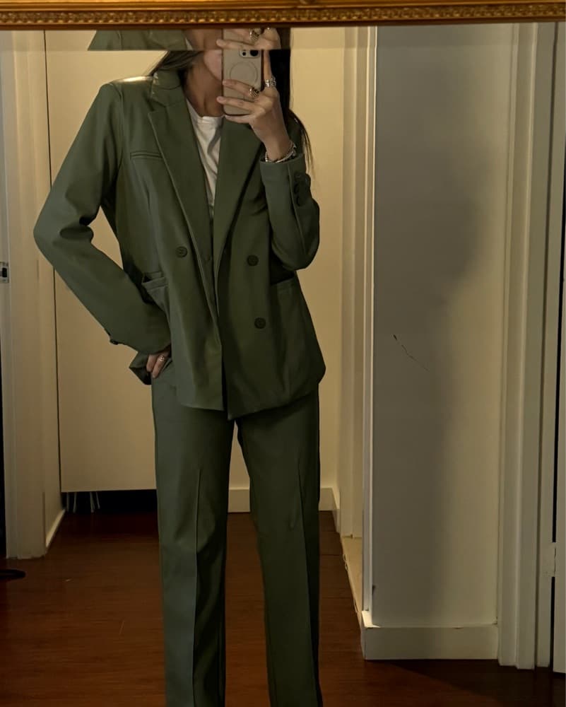 Olive Green Leather Blazer Suit Set - Image 6