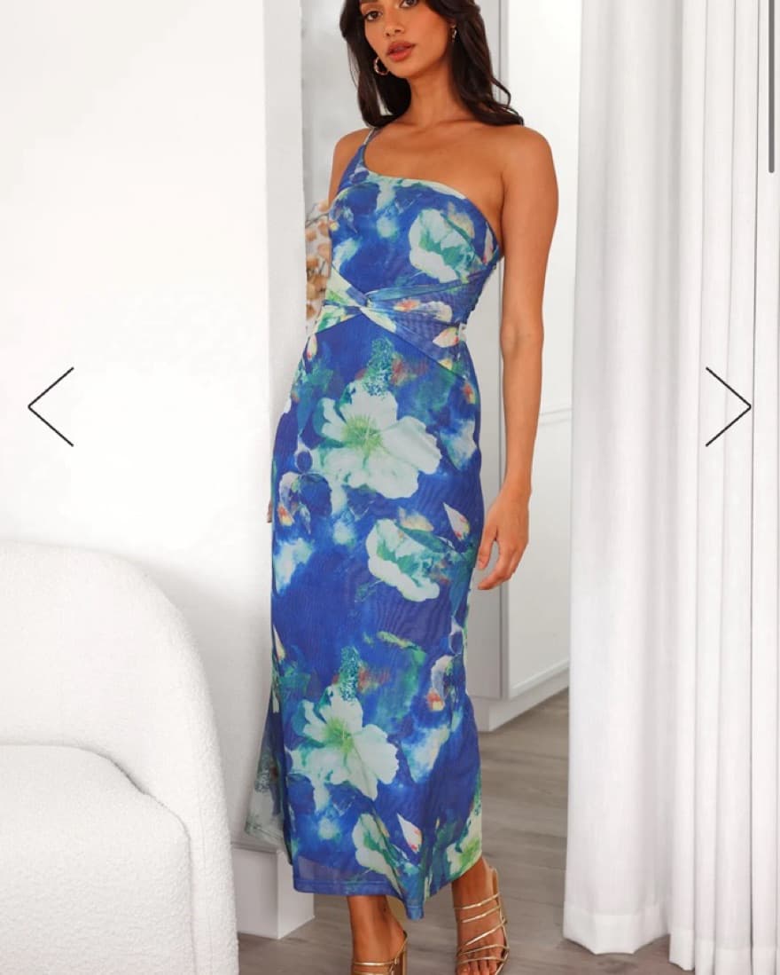 One Shoulder Blue Floral Midi Mesh Dress - Image 1