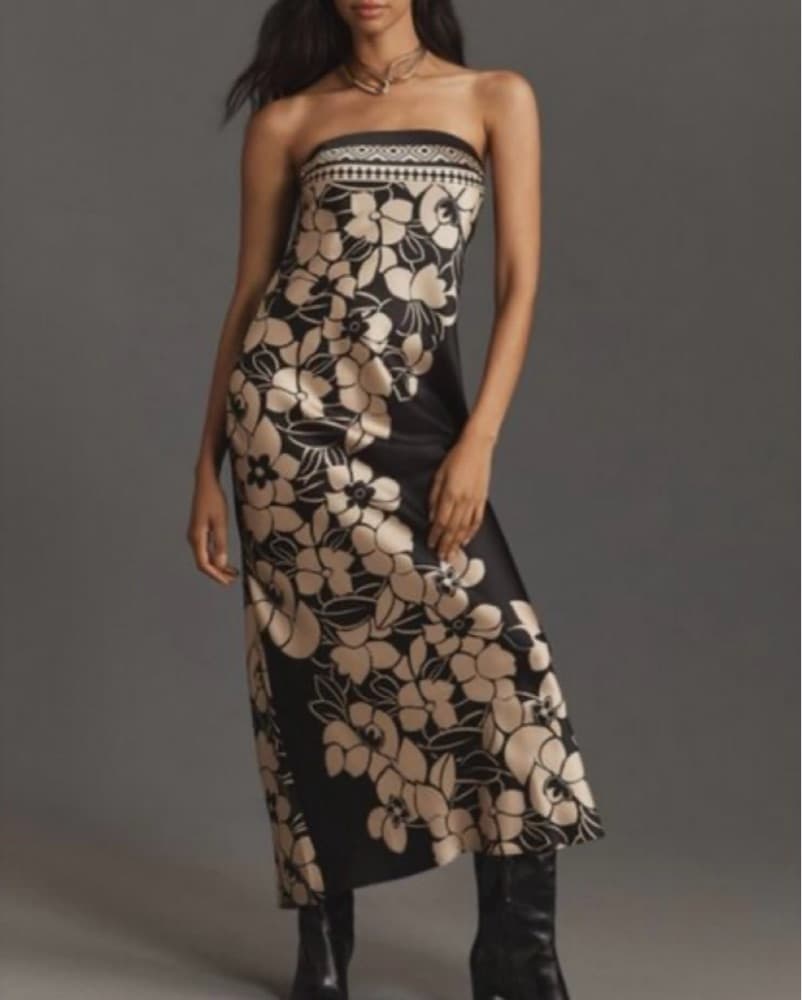 Black Floral Satin Strapless Maxi Dress - Image 1