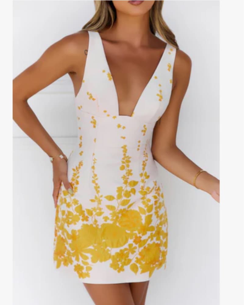 White And Yellow Formal Mini Dress - Image 1