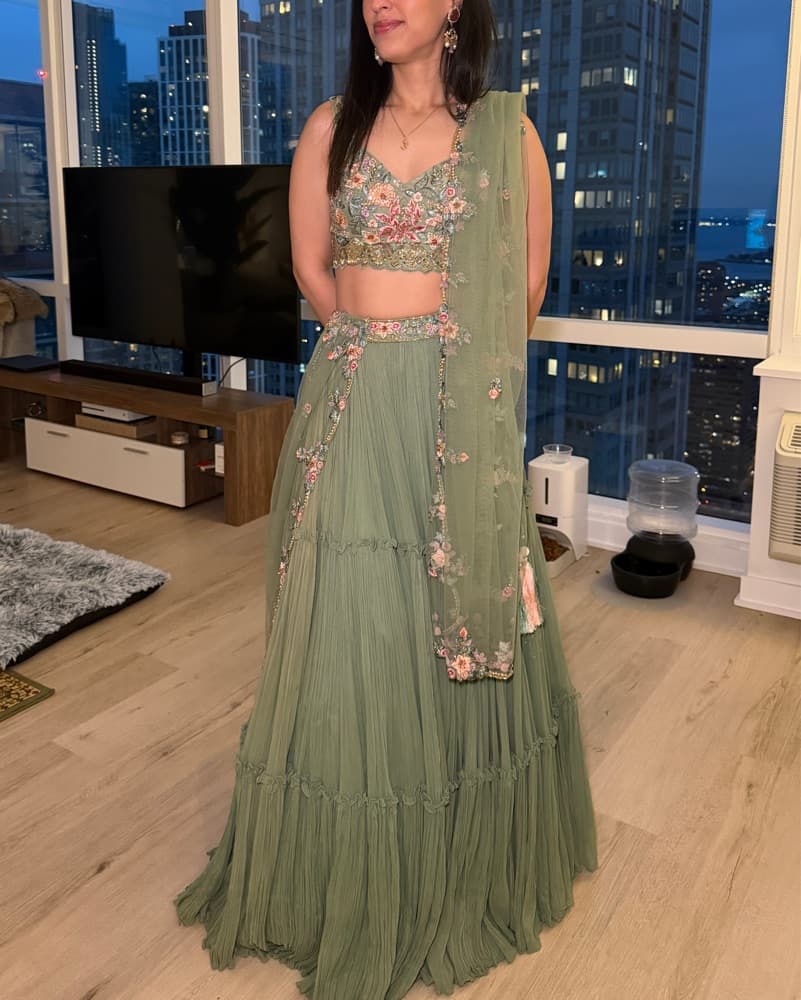 Kalki Sage Green Pleated Floral Lehenga - Image 4
