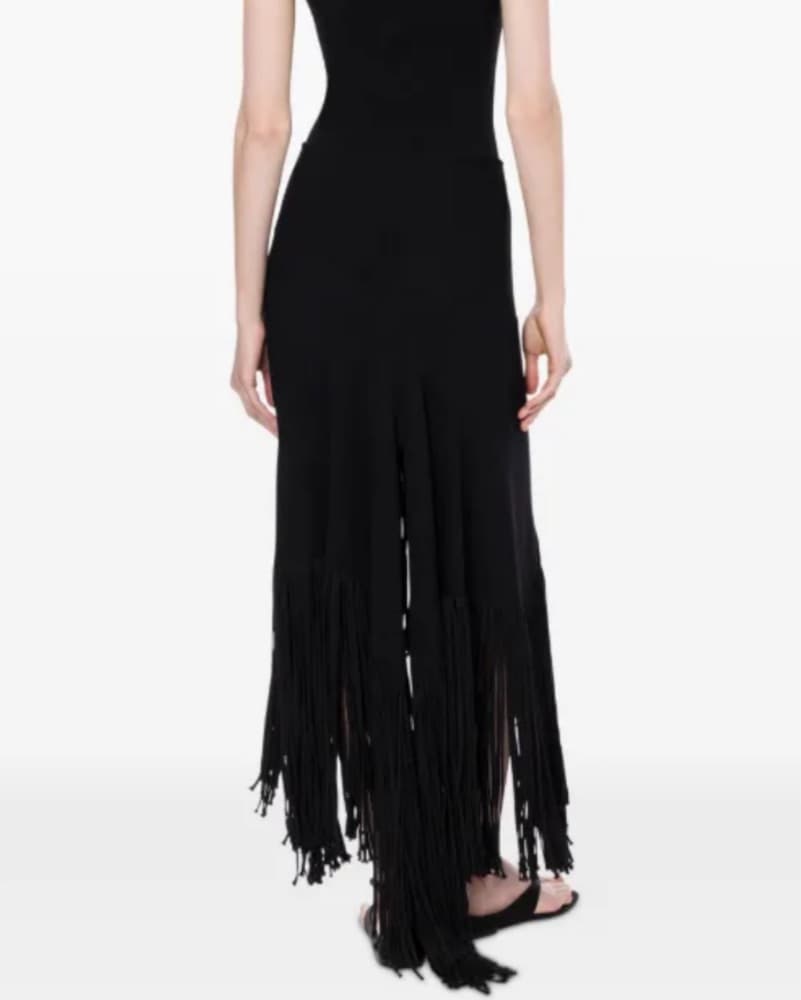 Black Fringe Asymmetrical Midi Skirt - Image 2