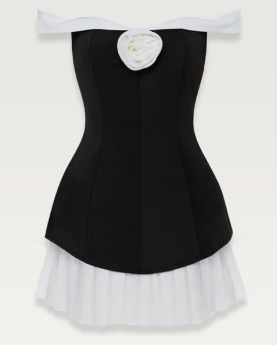 Black Off Shoulder Pleated Flower Mini  - Image 2