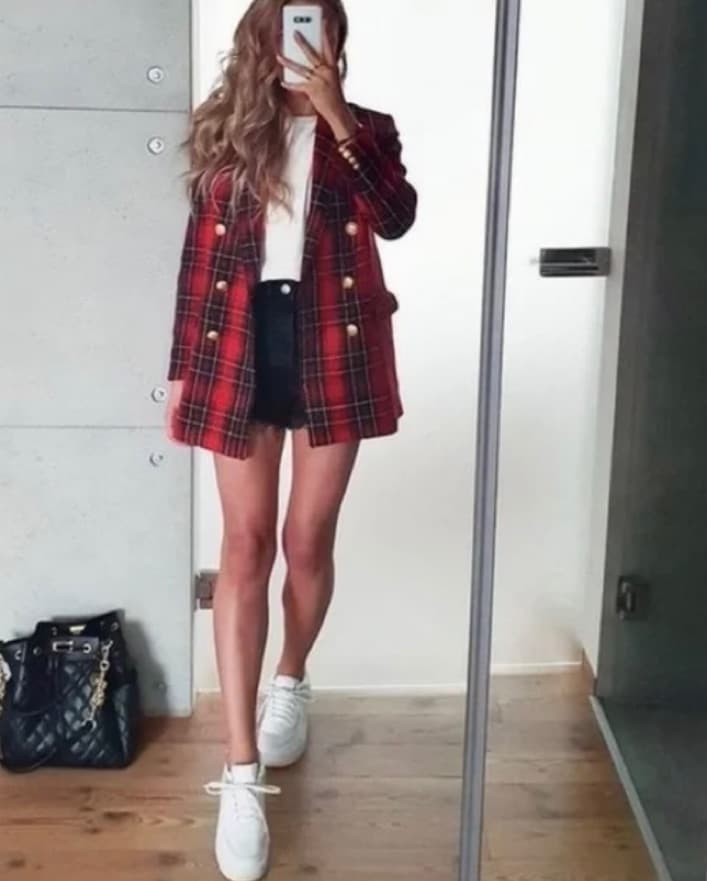Zara Red and Black Plaid Blazer - Image 1