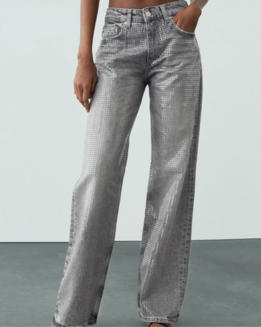 Mid Rise Wide Leg Sequin Foil Jeans - Image 1