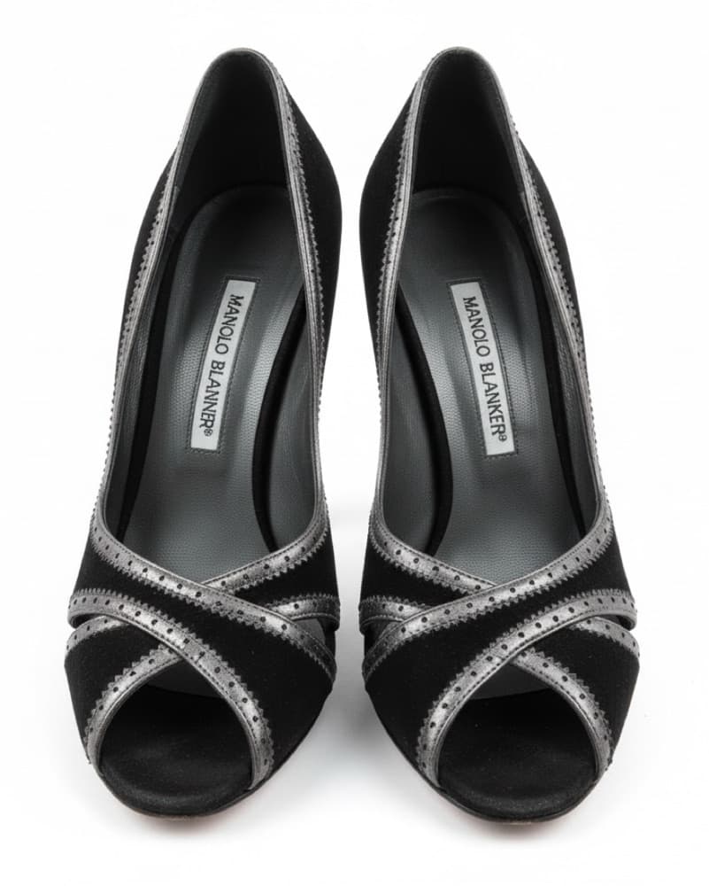 Black Manolo Velvet Peep-Toe Pumps - Image 1