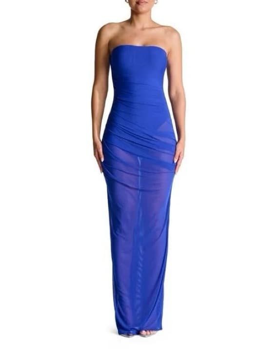 Women's Blue Strapless Shirred Sheer Mes - Image 1