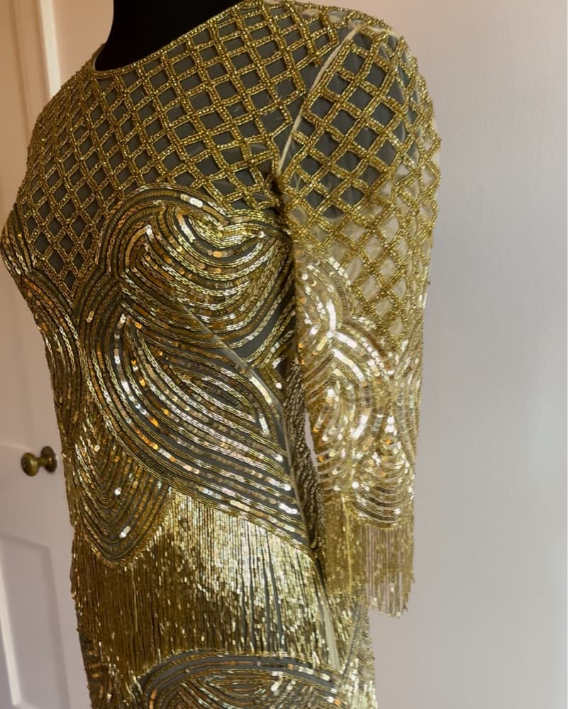 Naeem Khan Beaded Fringe Gold Dress  - Image 4