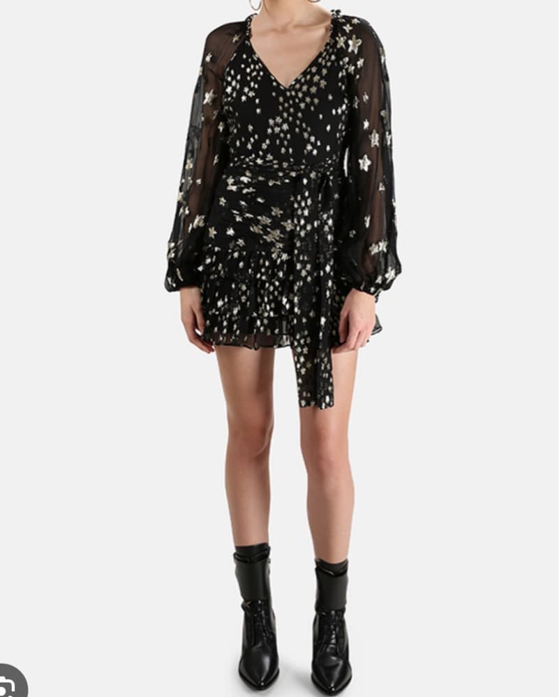 Loveshackfancy Silk Metallic Black Rina Mini Long Sleeve Dress - Image 3