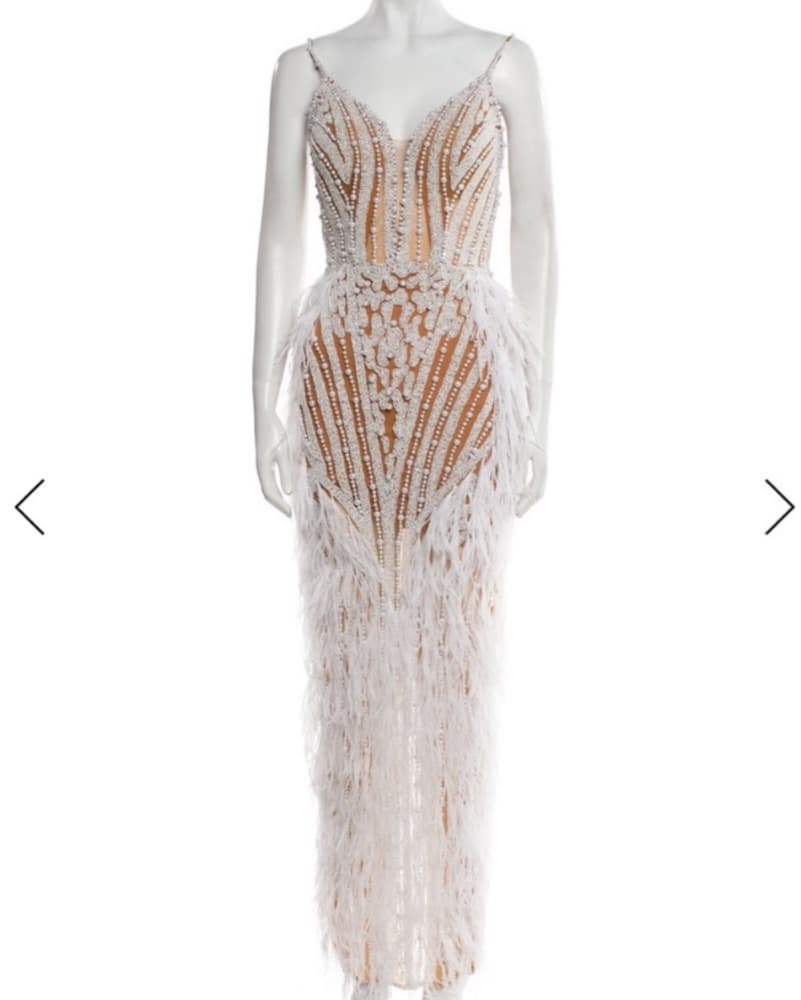 Portia Scarlett White Pearl Feather Gown - Image 5