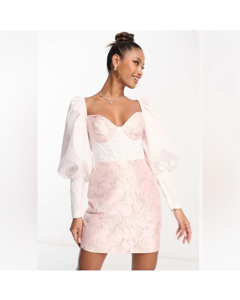 Corset Jacquard Mini Dress w puff sleeve - Image 1