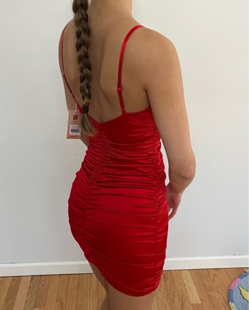 Captivating Red Ruched Satin Mini Dress - Image 5