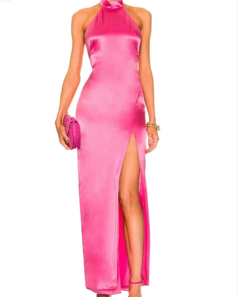 Vibrant Fuchsia/Pink Halter Silk Dress  - Image 1