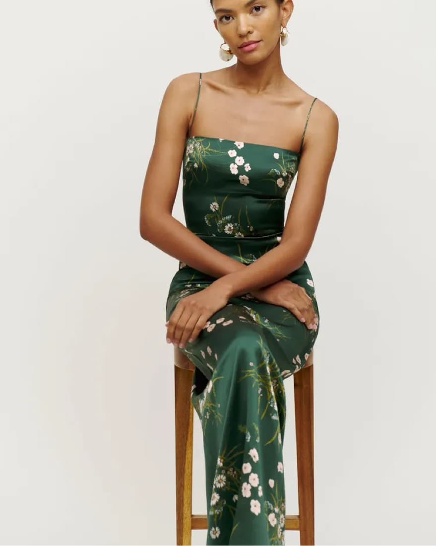 Green Reformation Floral Silk Dress - Image 1
