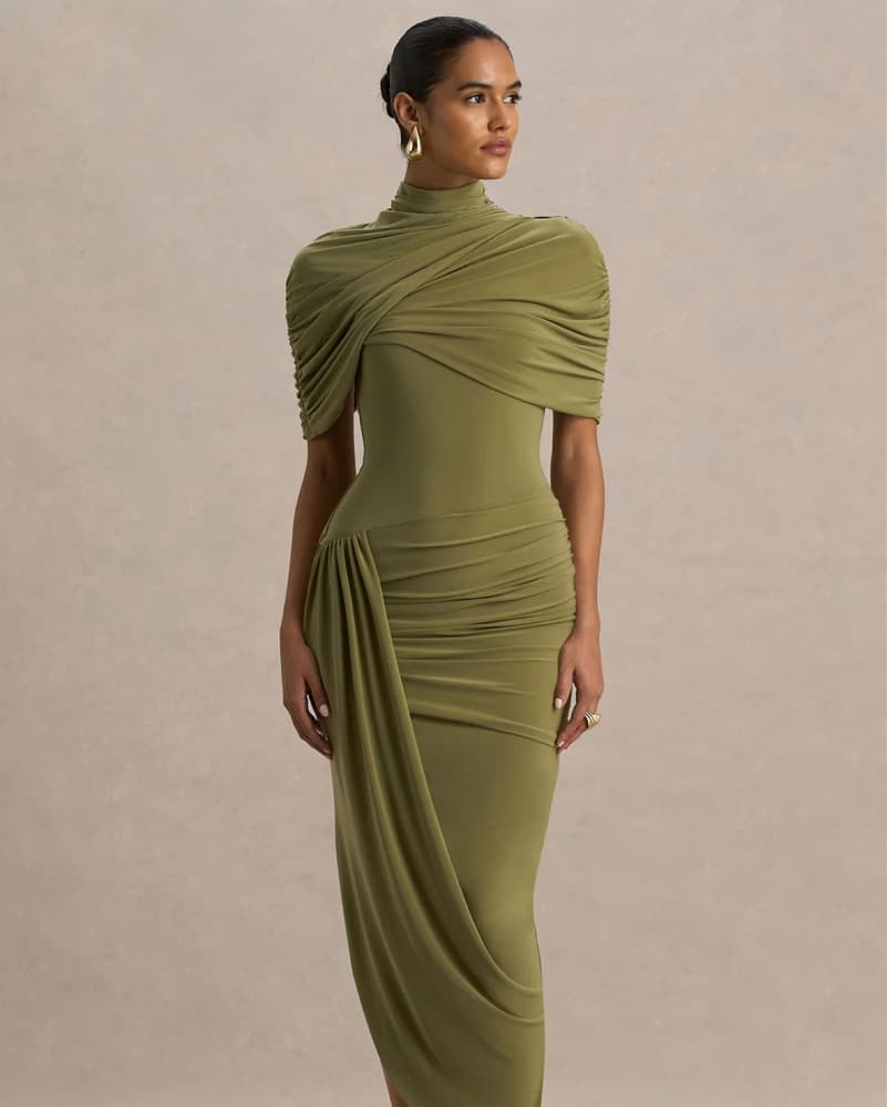 Elegant Olive Asymmetric Cape Midi Dress - Image 1