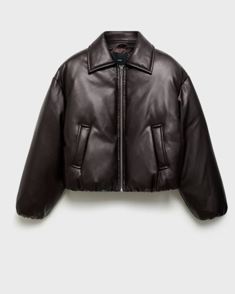 Brown Collared Puffer Bomber Jacket  - Image 2
