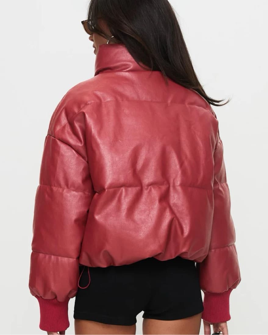 Chic Faux Leather Puffer Jacket in Red - Image 3