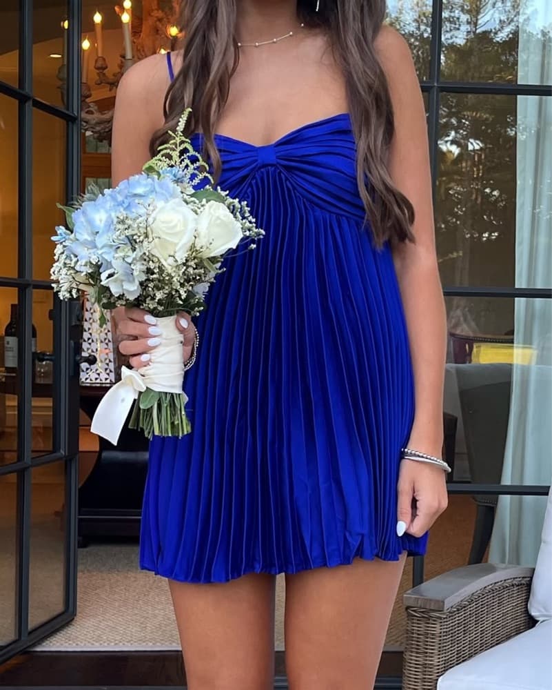 Blue Pleated Mini Dress - Image 2
