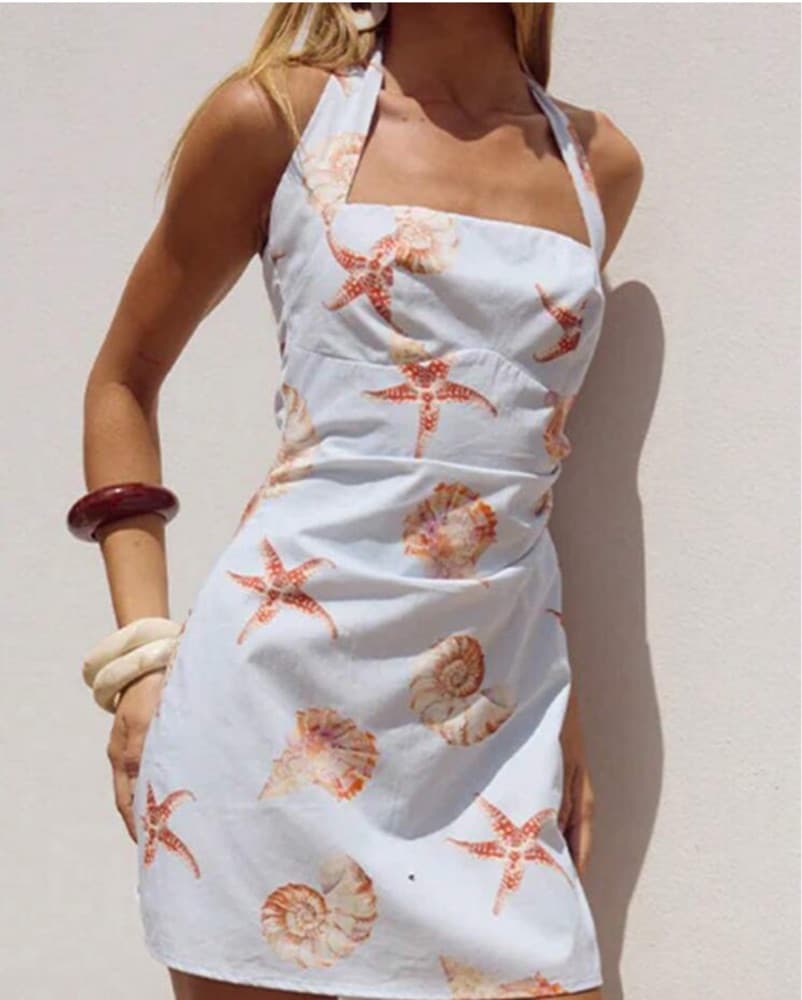 Starfish and Shell Printed Halter Dress - Image 3