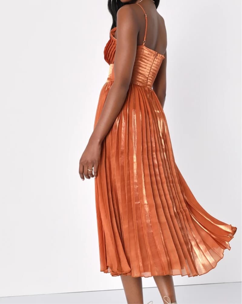 Lulus Rust Orange Pleated Midi Dress - Image 2