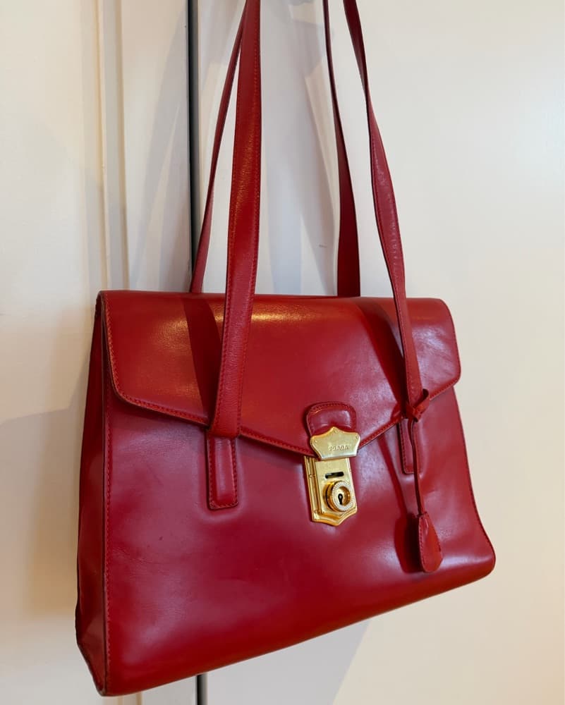 Vintage Prada Red Leather Tote Bag - Image 3