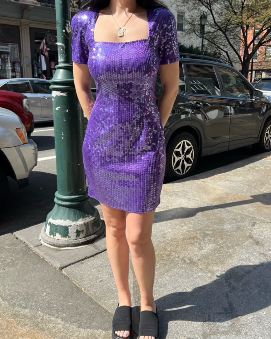 Vintage Purple Sequin Square Neck Dress - Image 4