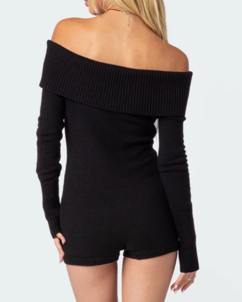 Black Off-Shoulder Knit Romper - Image 3