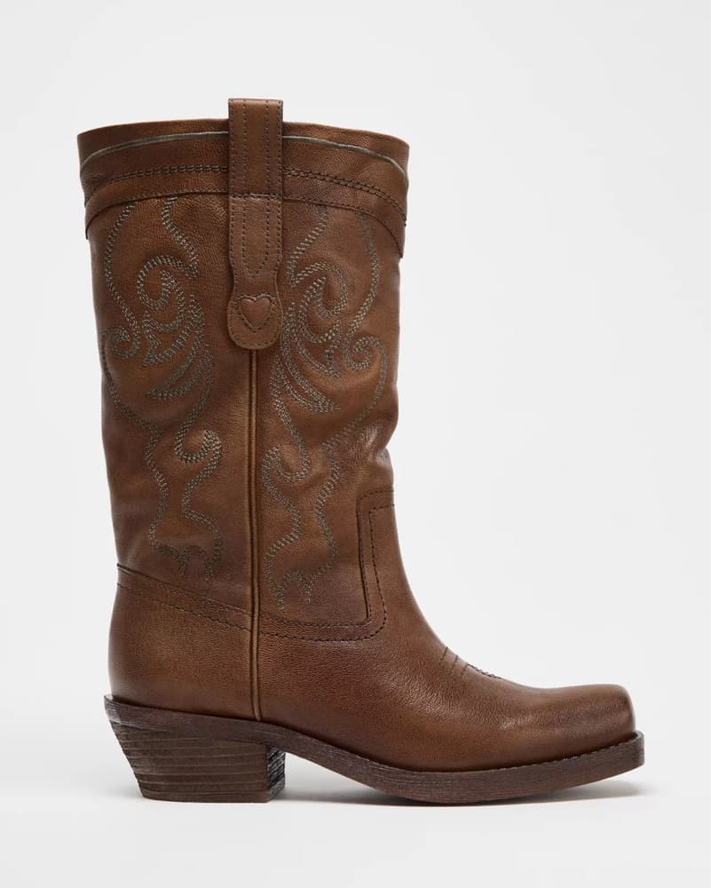 Zara Brown Leather Cowboy Boots - Image 1
