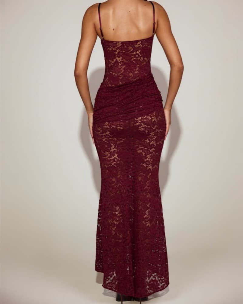 Wine Red Lace Sheer Dress  - Image 2