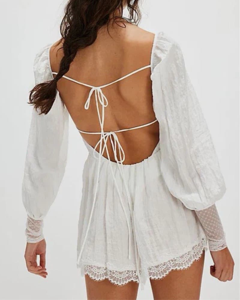 Romantic White Lace Puff Sleeve Playsuit - Image 4
