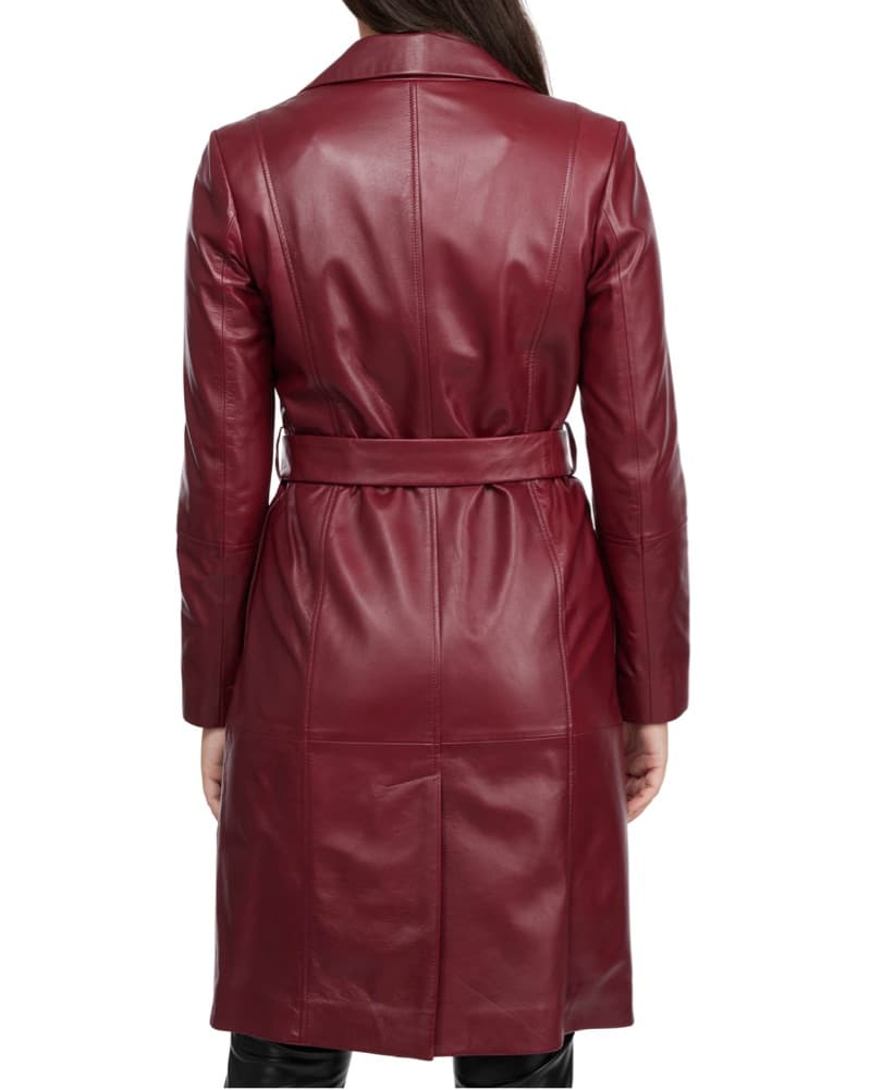 Striking Burgundy Leather Trench Coat - Image 2
