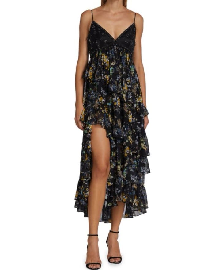 Cinq A Sept  Black Floral Tiered Ruffle Midi Dress | guest dress, cocktail party, floral dress - Image 5