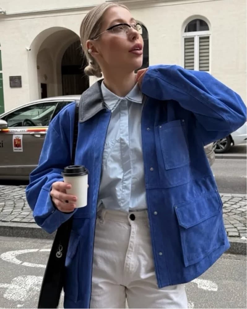 Suede And Leather Blue Barn Jacket  - Image 1
