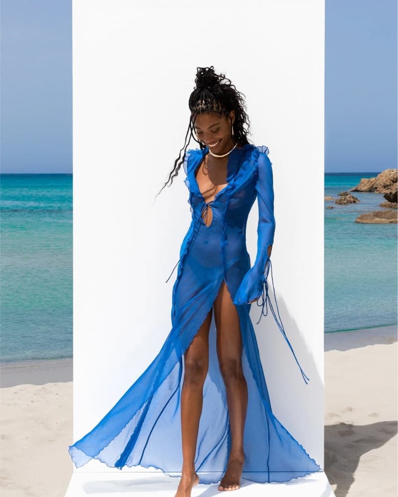 Vibrant Blue Satin Ruffle Maxi Dress - Image 3