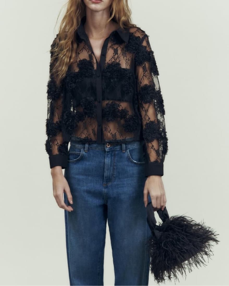 Zara Black Sheer Flower Top - Image 4