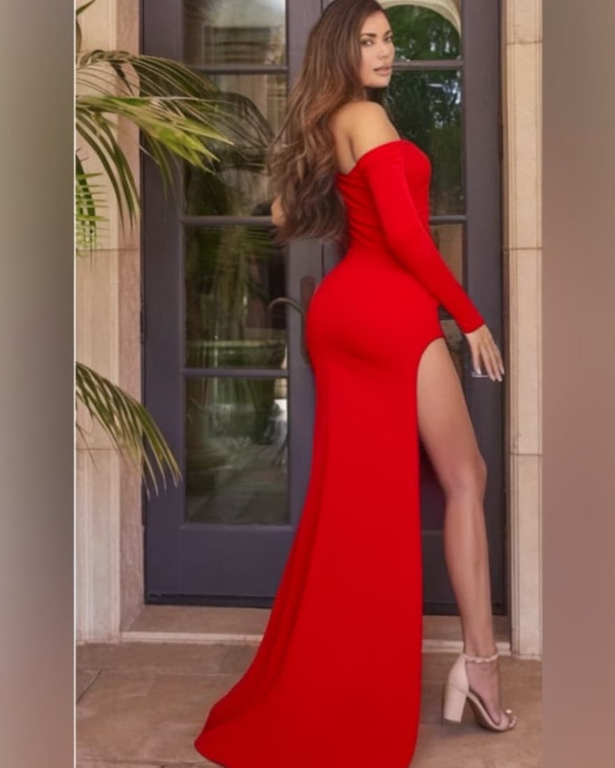 Jovani Formal Red Gown high Slit Train - Image 5