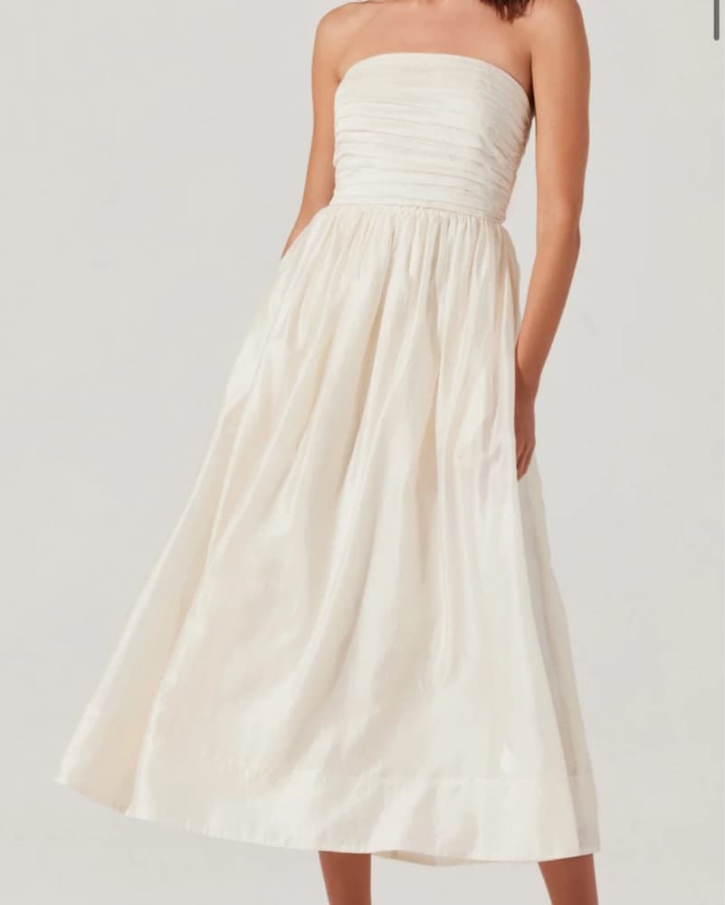 Strapless Pleated Cream Midi Dress - Image 2