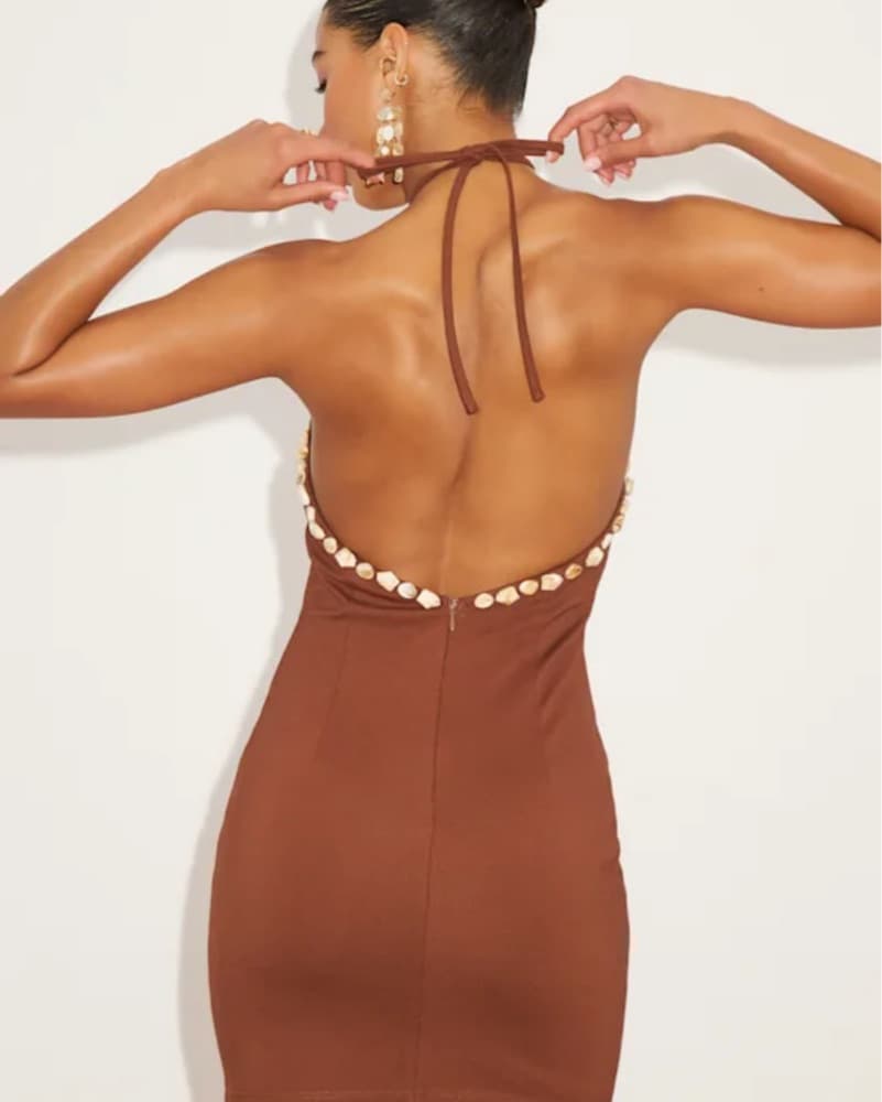 Azeneth Brown Shell Bodycon Halter Mini  - Image 2