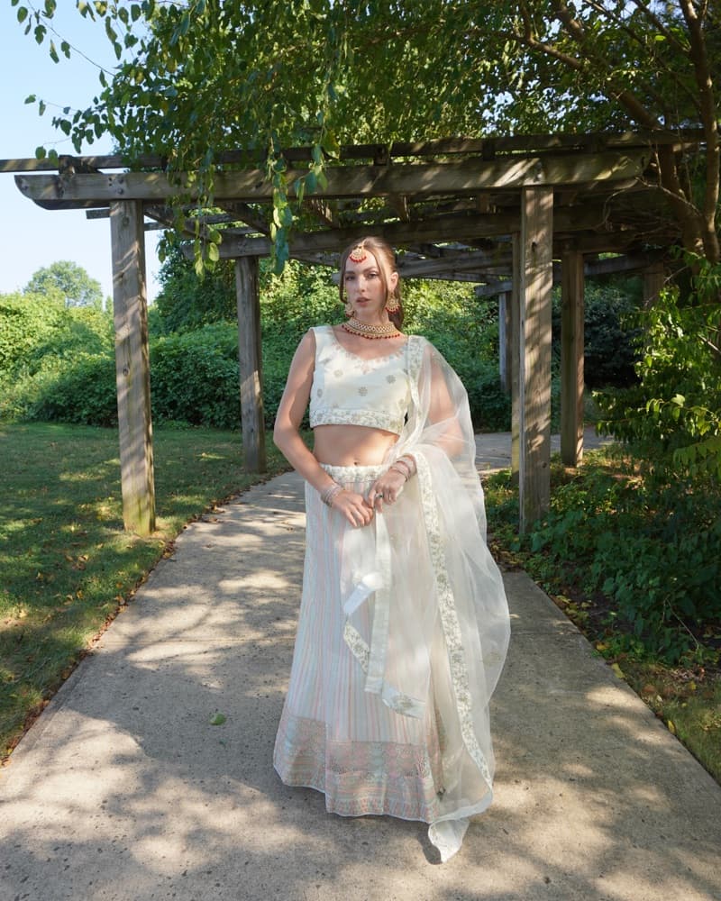 3 Pc White Floral Lehenga Outfit - Image 2
