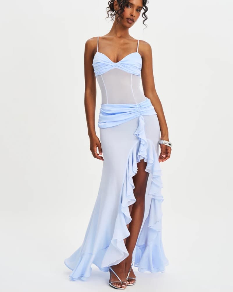 Elegant Blue Ruffle Slit Maxi Dress - Image 6