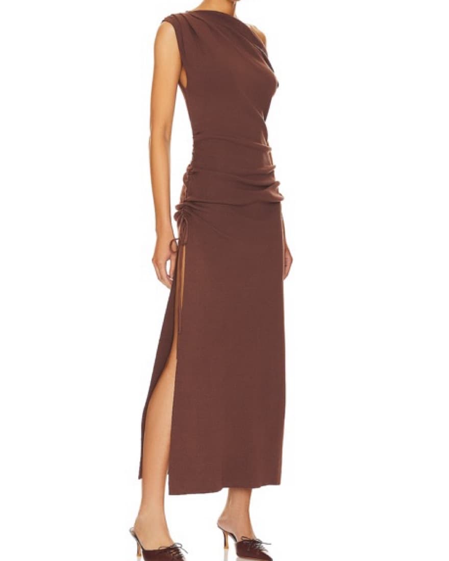 Sleek One-Shoulder Chocolate Midi Dress - Image 2