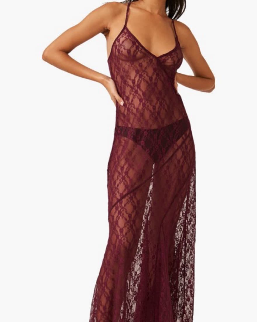 Alluring Burgundy Lace Maxi Dress - Image 1